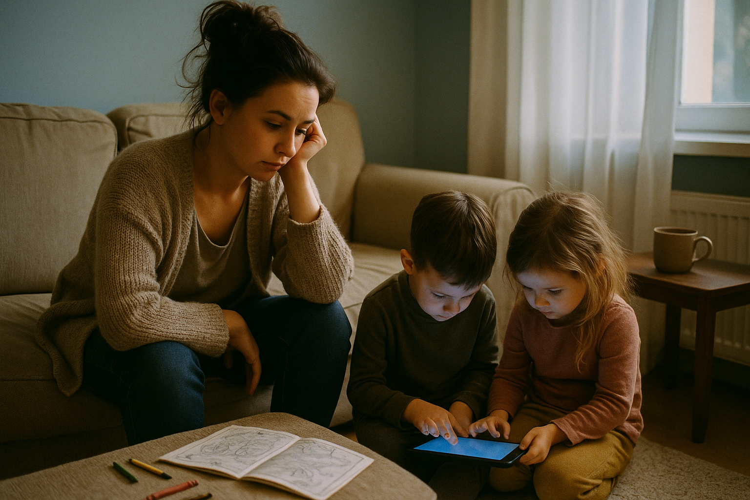 Zmęczona mama patrząca na dzieci pochłonięte tabletem