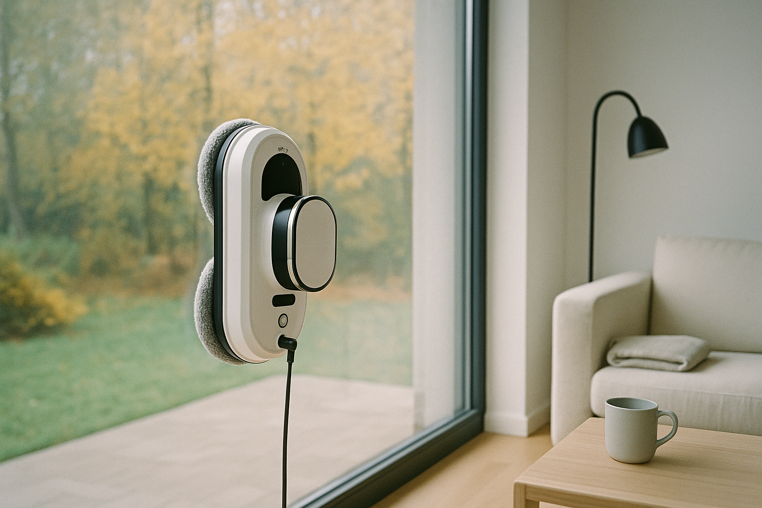 Robot GlassMax myjący panoramiczne okno w nowoczesnym polskim domu