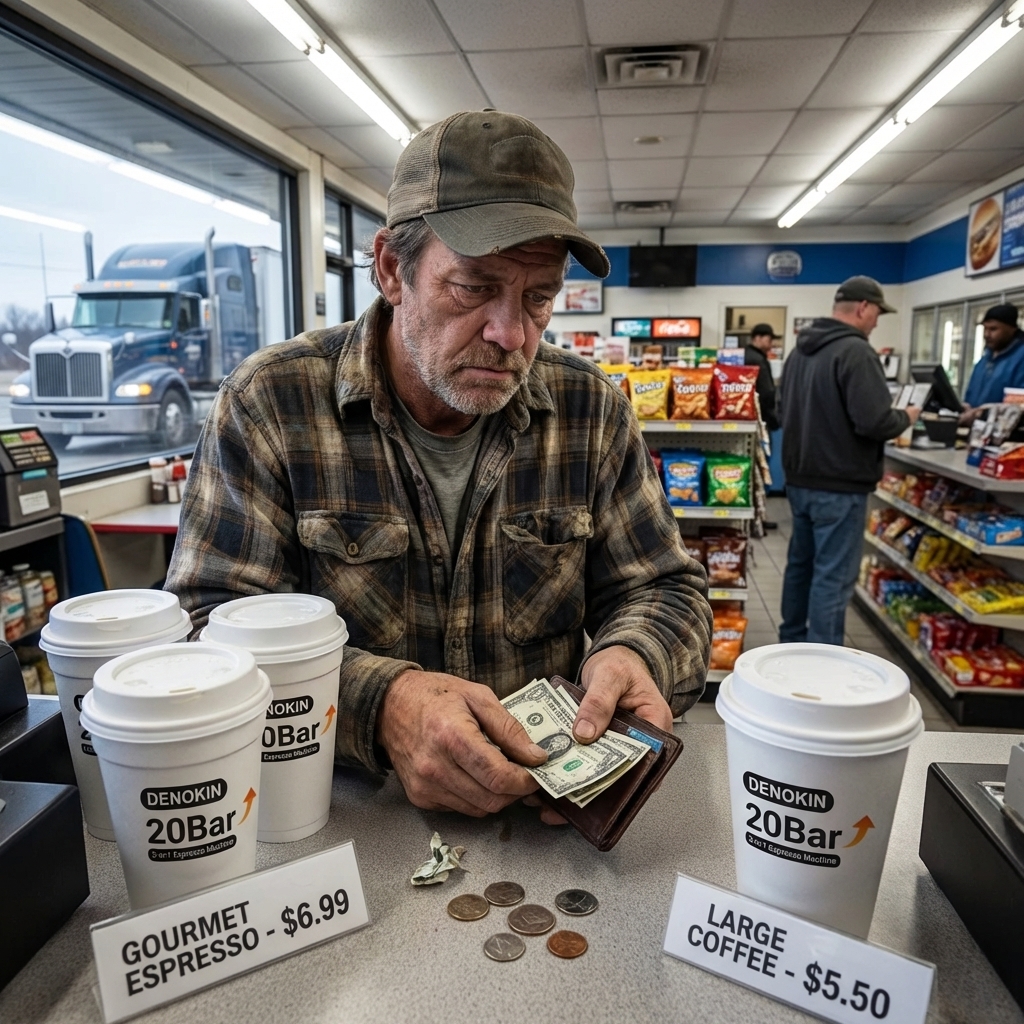 Sfrustrowany kierowca przy drogiej kawie na stacji benzynowej