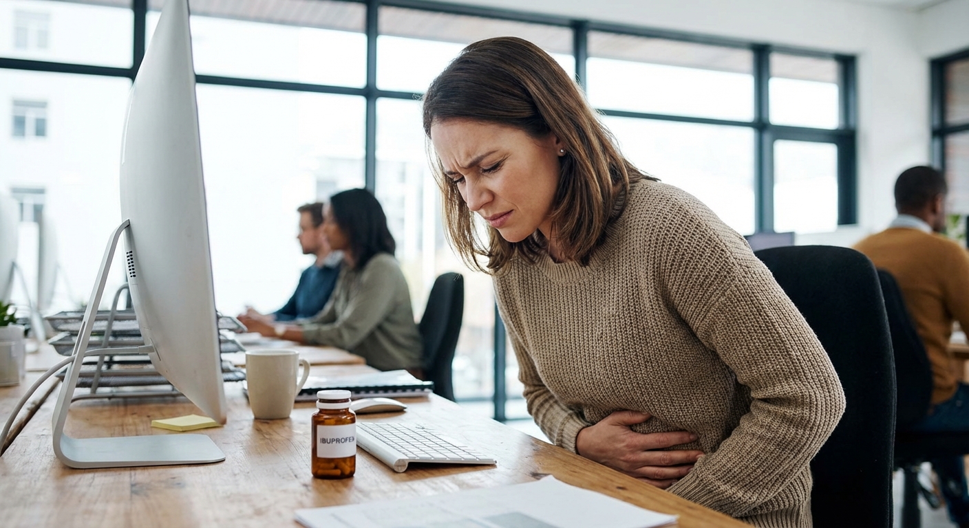 Kobieta zmagająca się z bólem menstruacyjnym w pracy
