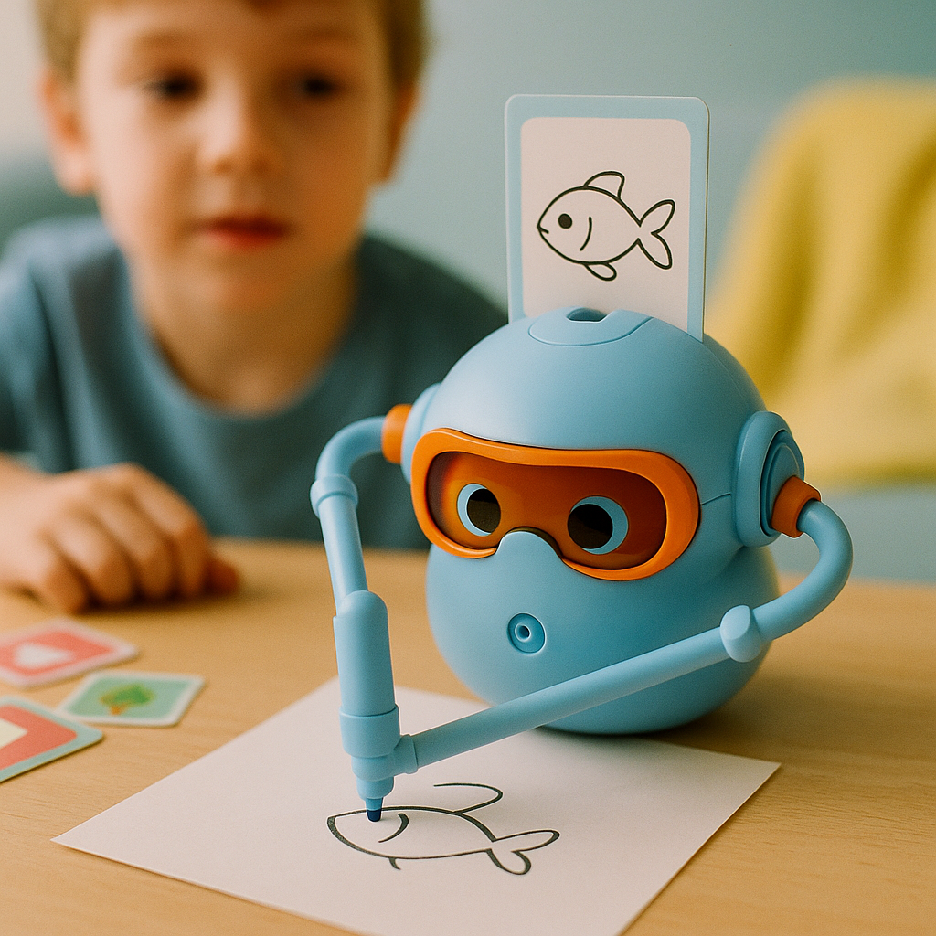 Robot Doodlo rysuje rybkę na kartce - dziecko obserwuje w tle
