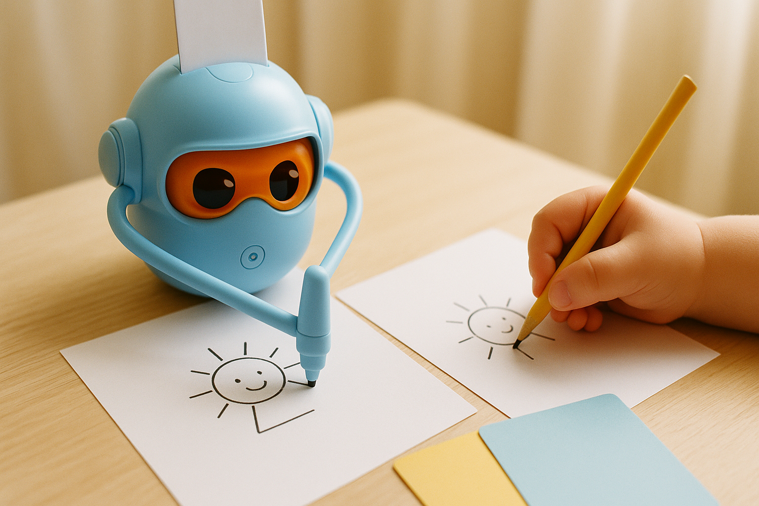 Robot Doodlo rysuje uśmiechnięte słoneczko - dziecko kopiuje obok
