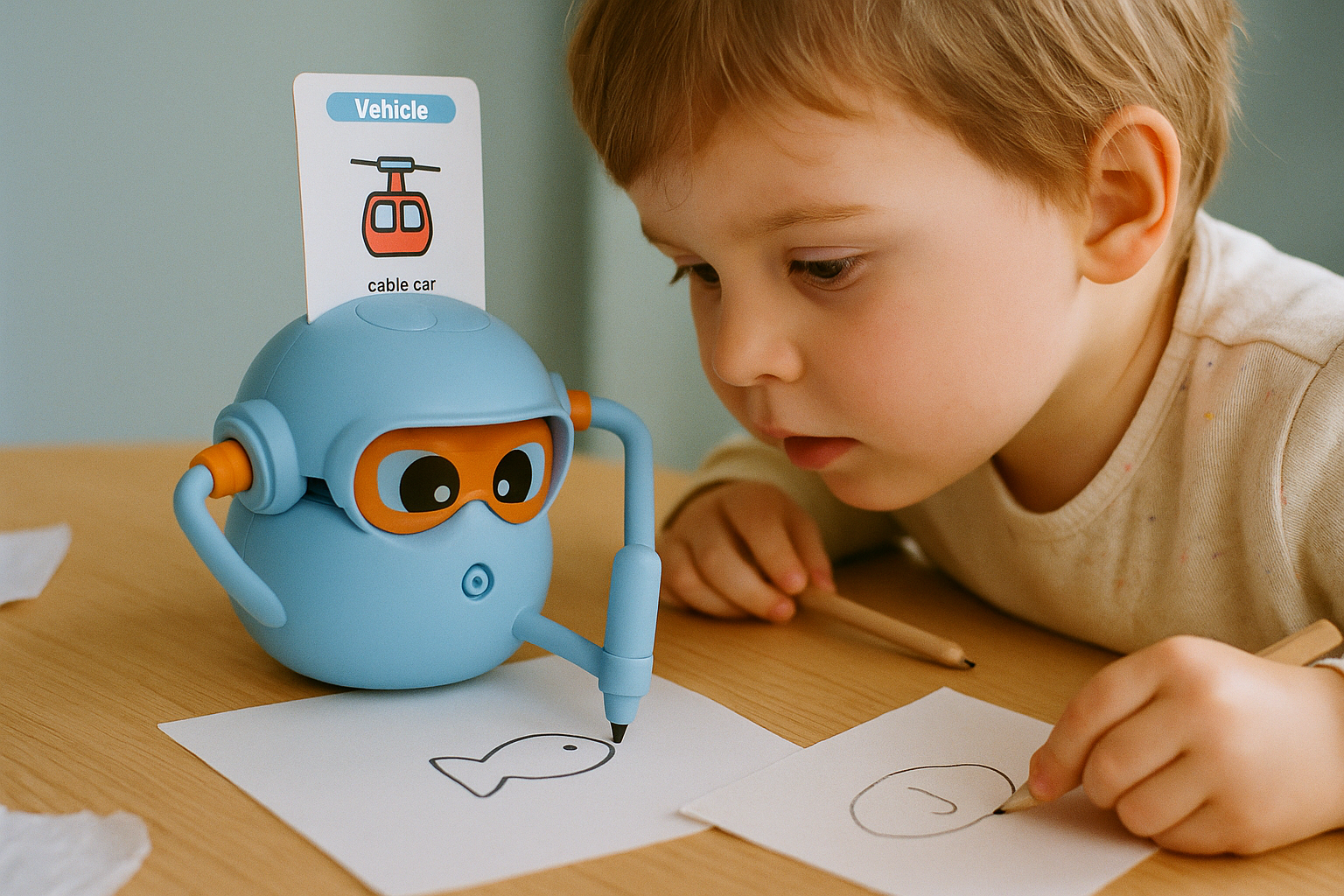 Robot Doodlo rysuje na kartce - dziecko obserwuje w skupieniu