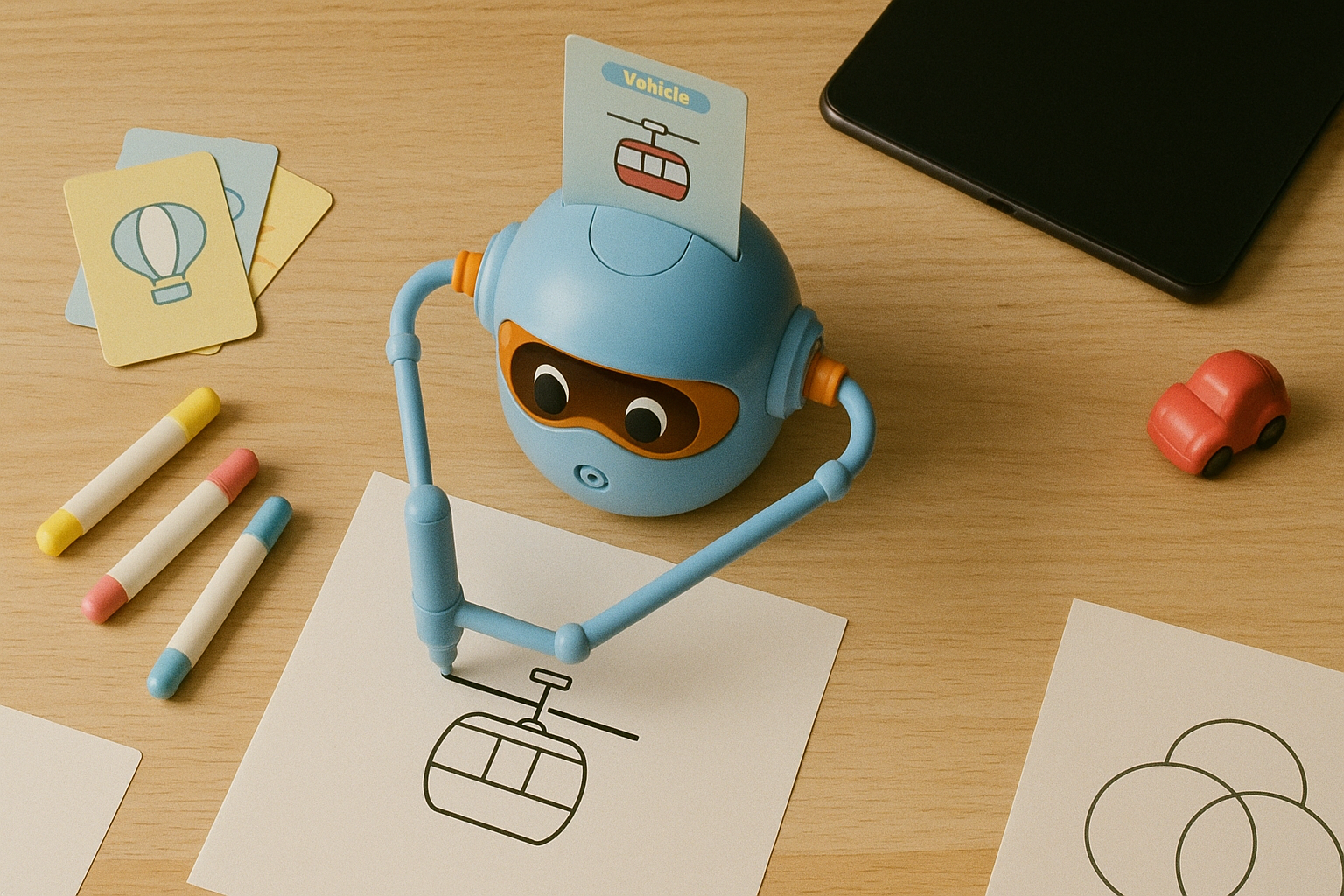 Widok z góry biurka z robotem Doodlo i odłożonym tabletem - zero ekranów