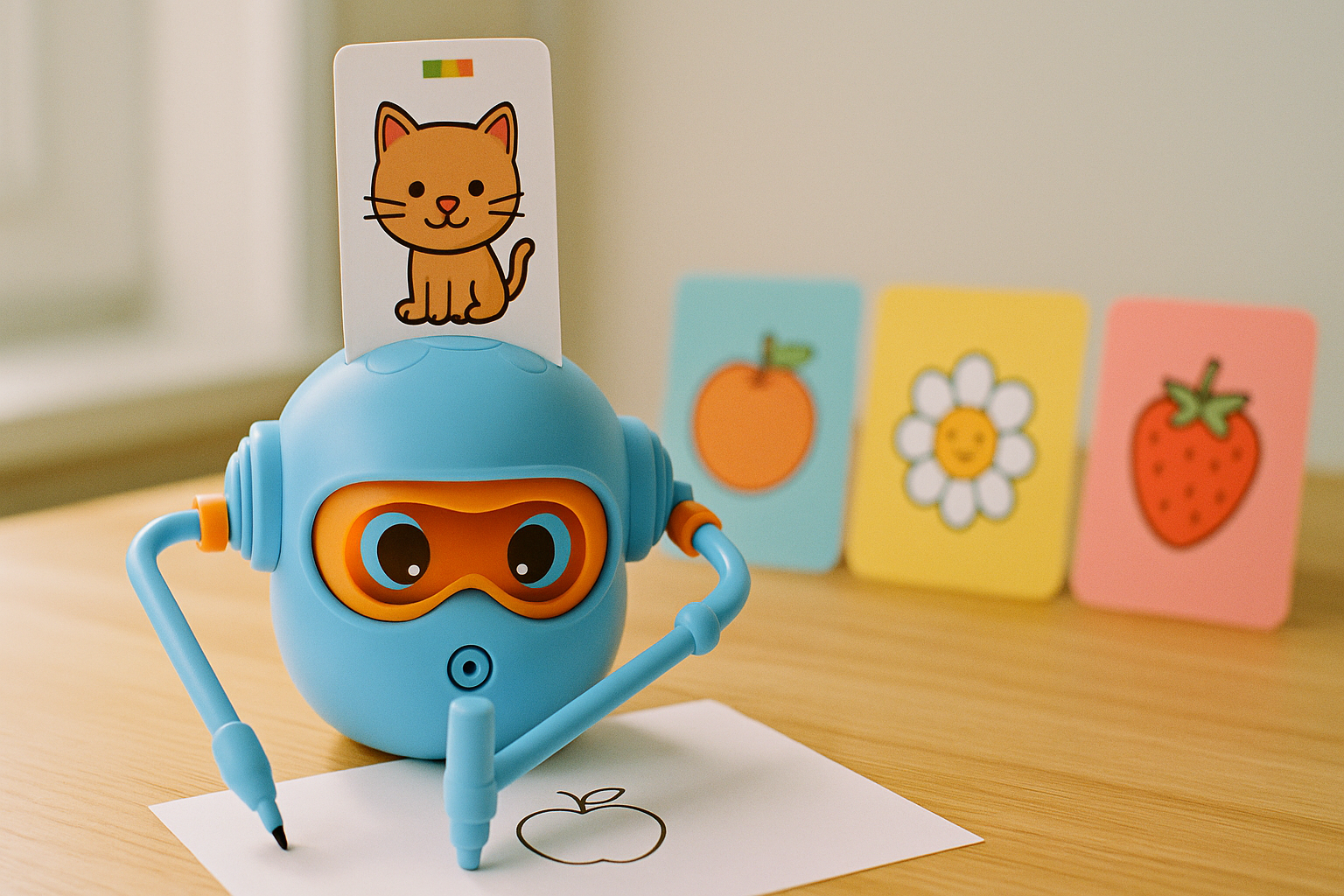 Robot Doodlo z kolorowymi kartami edukacyjnymi - nauka słówek po angielsku