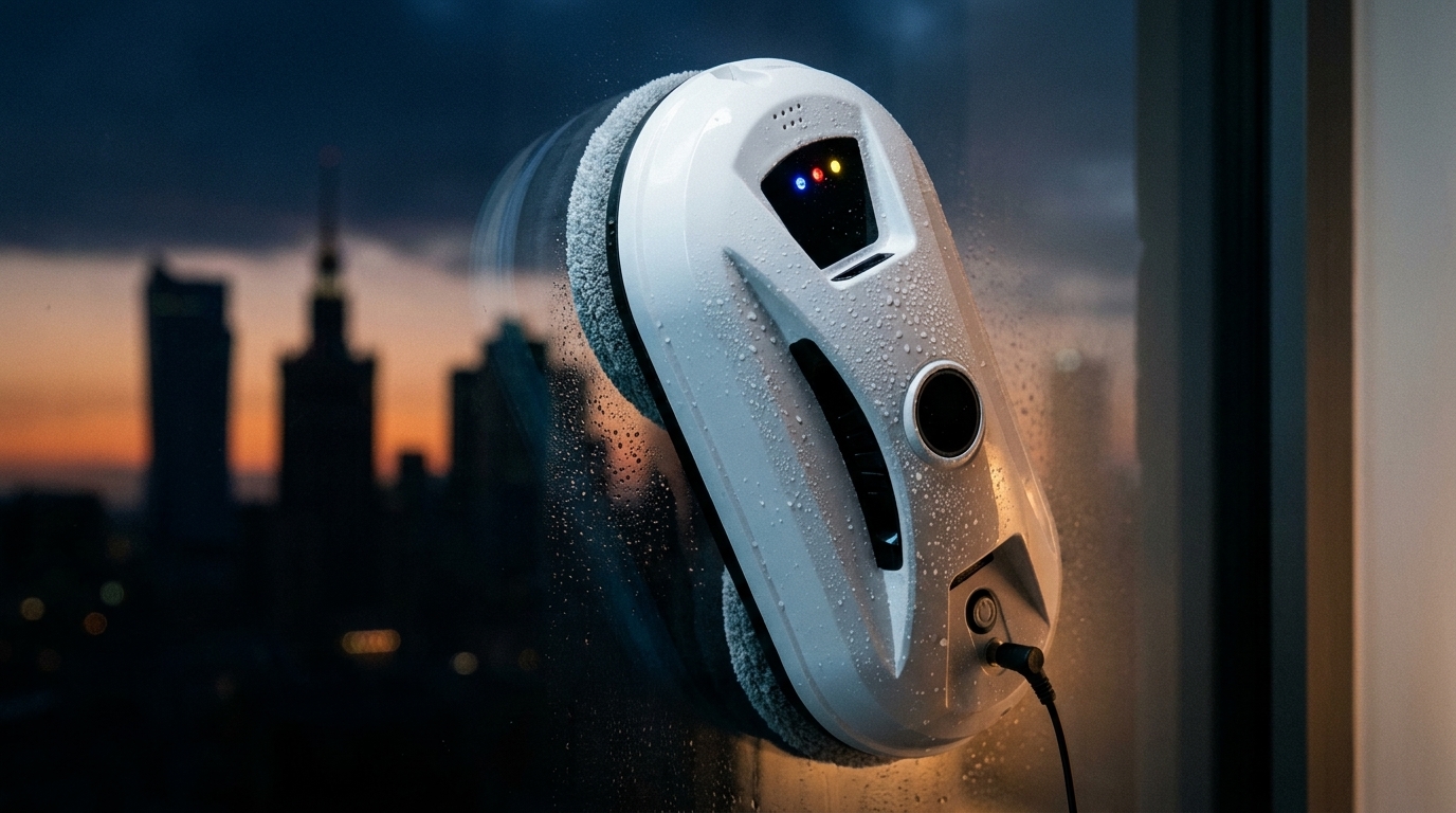 GlassNova zbliżenie - robot na szybie z widokiem Warszawy