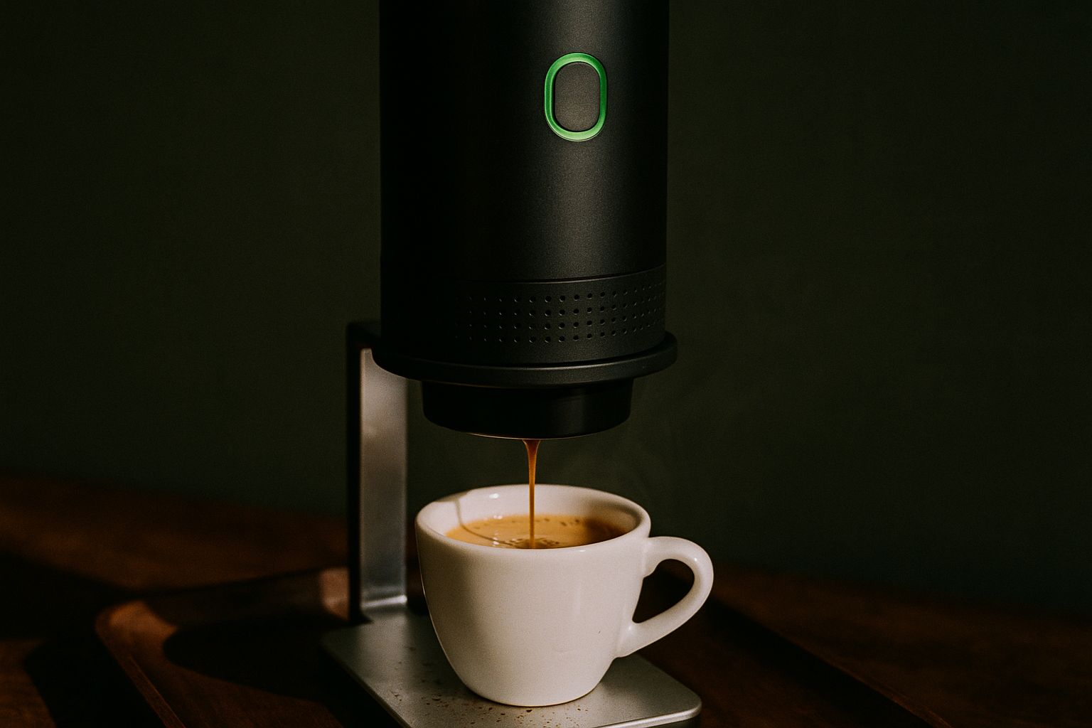 Strumień świeżego espresso z gęstą crema spływa do białej porcelanowej filiżanki