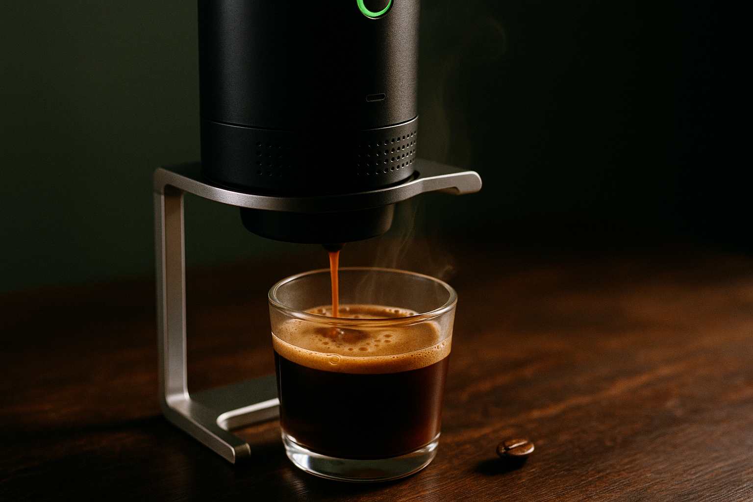 Makro ekstrakcji espresso w szkle, crema, chrome stand