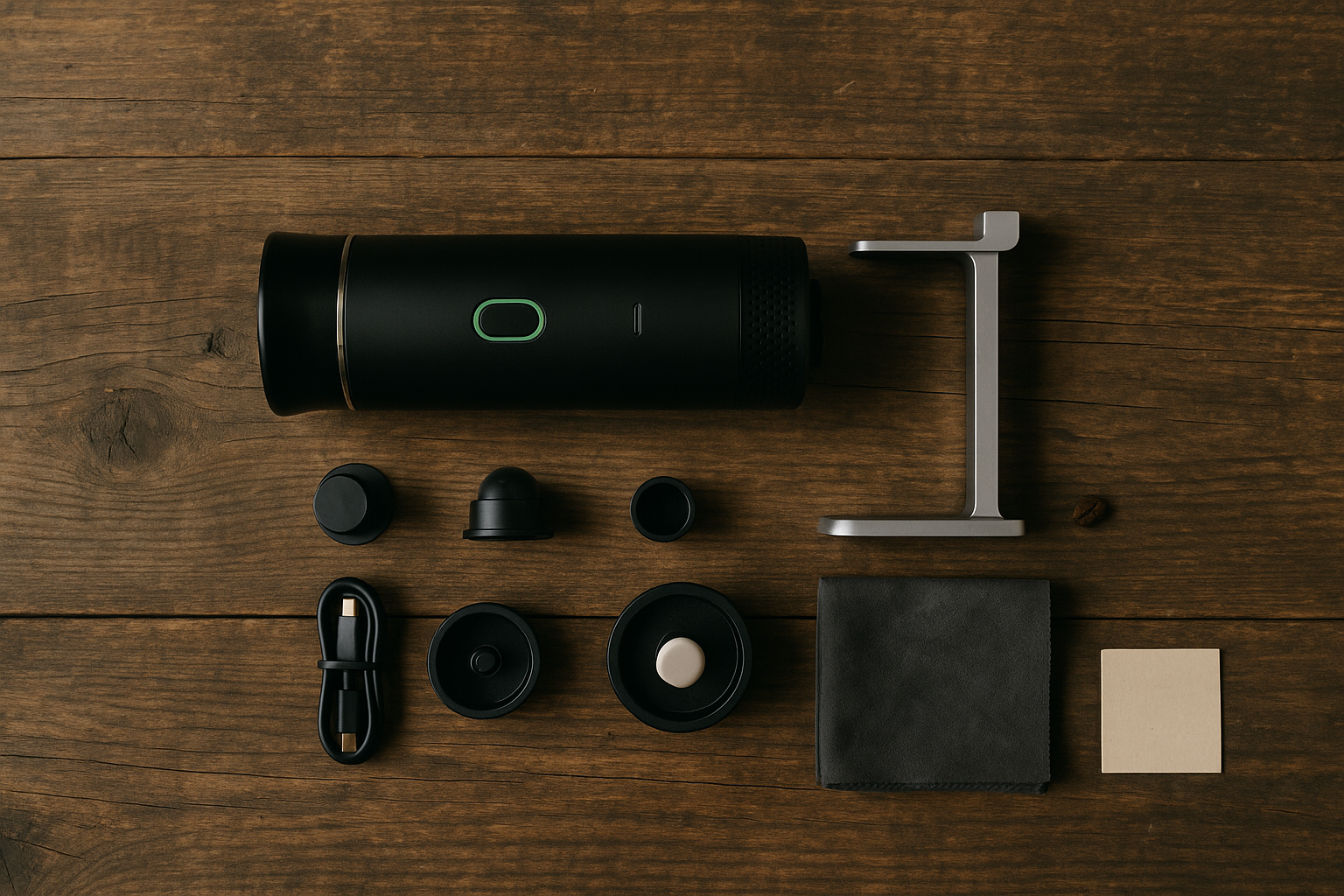 Zestaw startowy Kafina: ekspres, chrome stand, portafiltr, adapter Nespresso, USB-C, ściereczka, karta na drewnianym stole