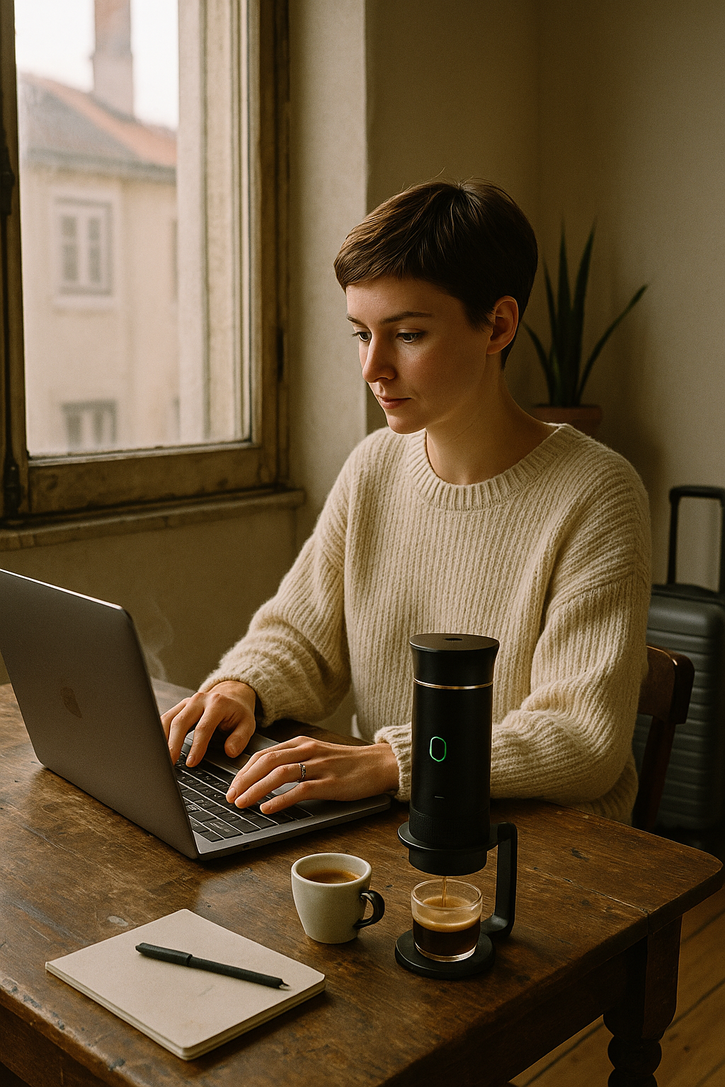Kasia, 33 lata, digital nomad pracująca przy oknie Airbnb z laptopem i Kafiną