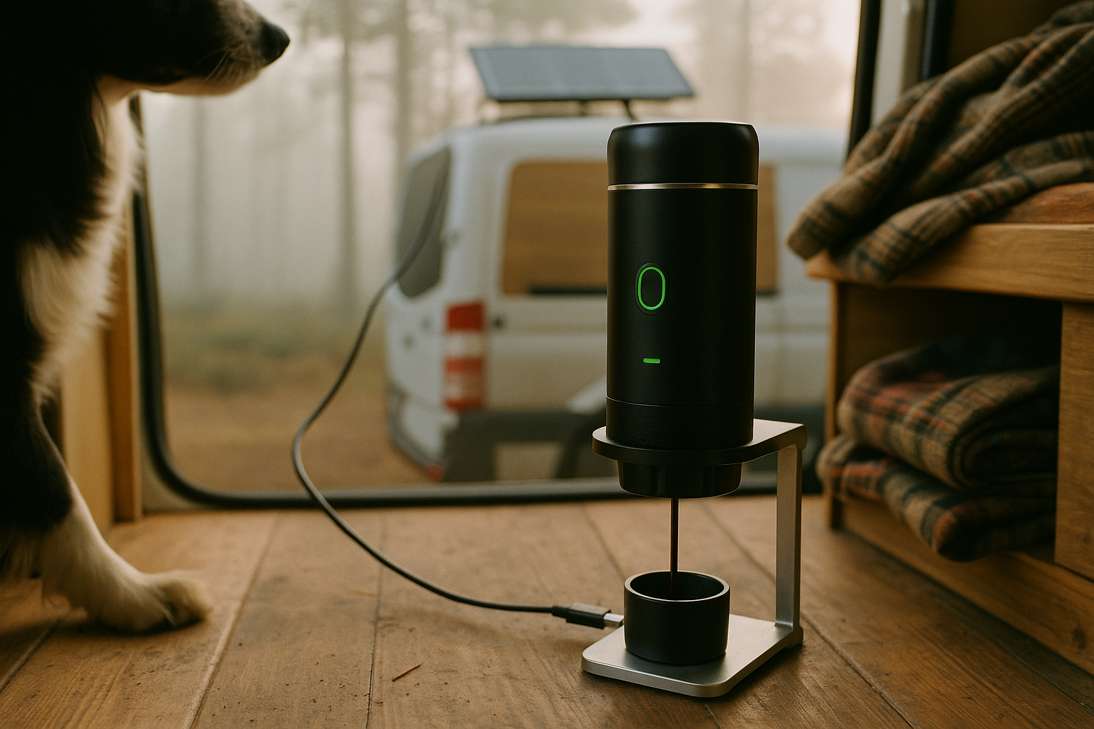 Kafina ładowana USB-C z panelu solarnego kampera, poranna mgła w lesie