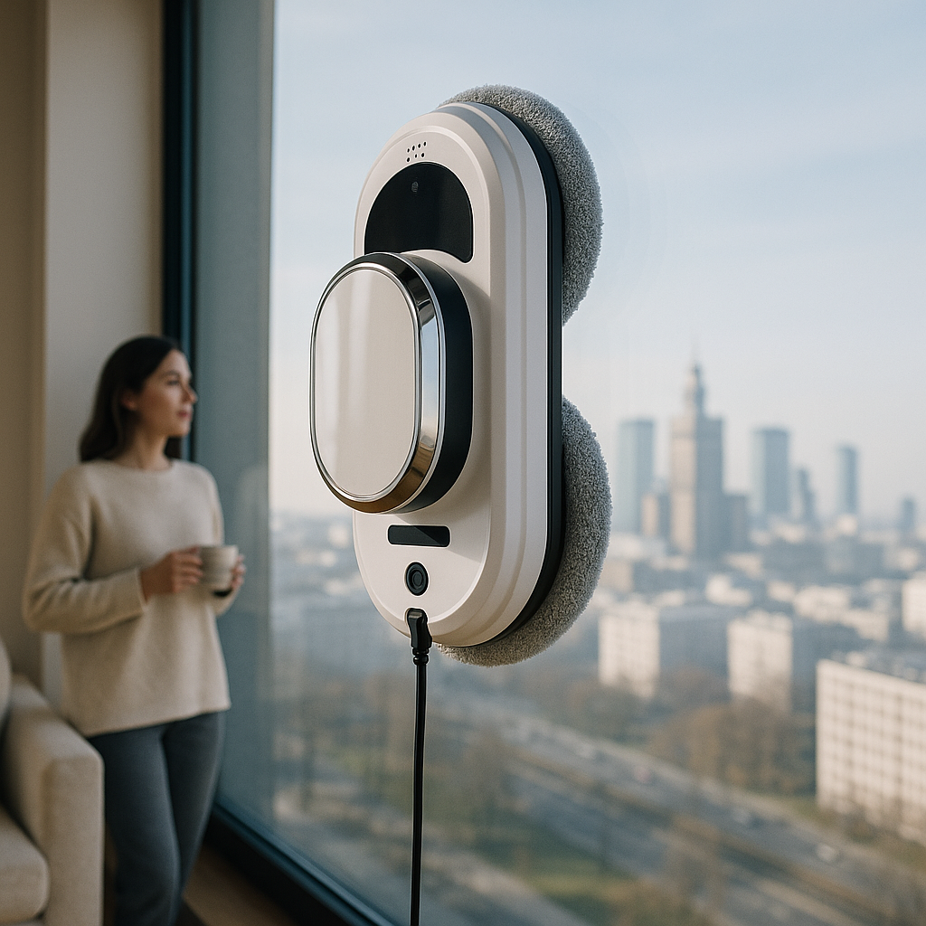 Robot PanoView czyszczący panoramiczne okno w warszawskim apartamencie