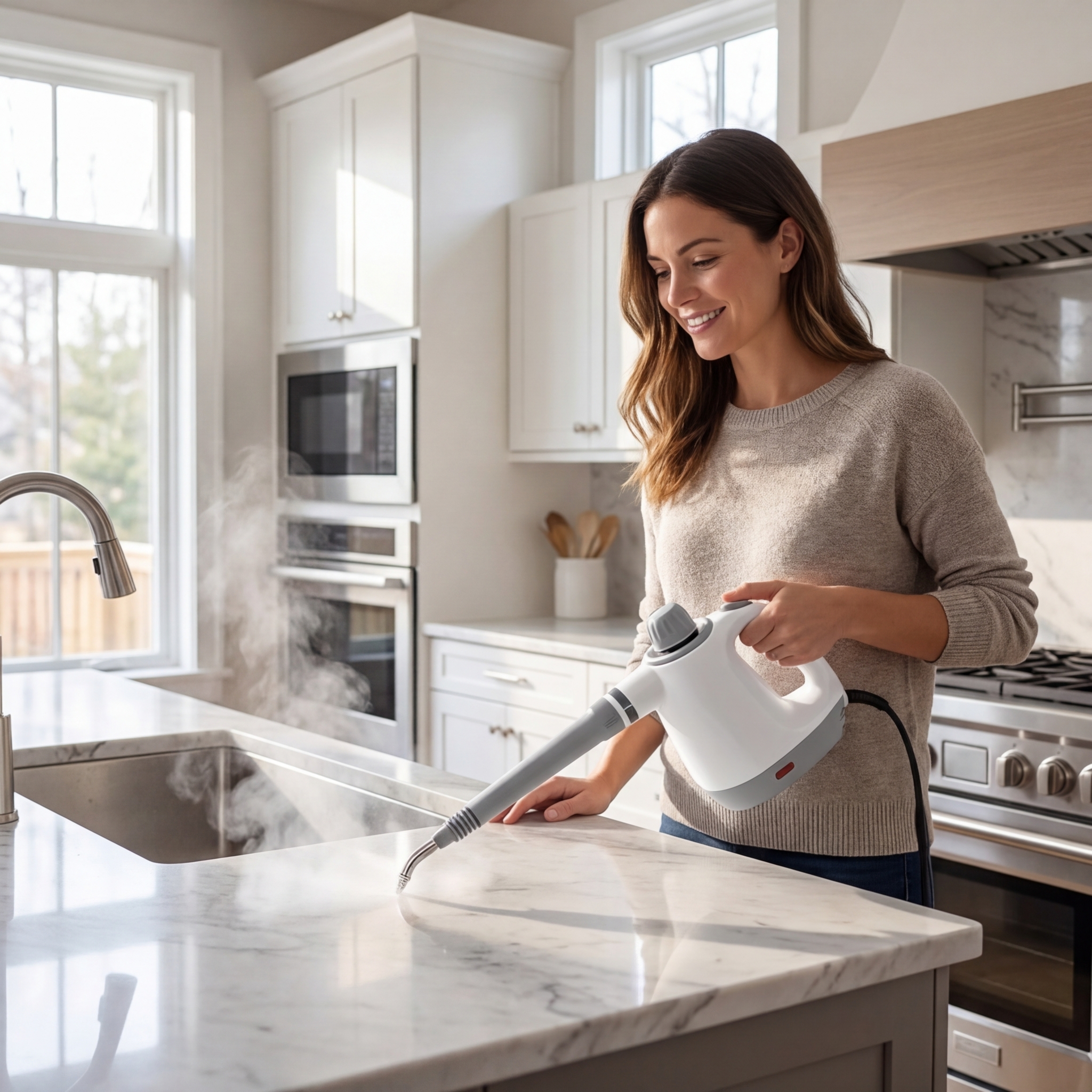 Myjka parowa Parova 3800W w użyciu - kobieta czyści kuchnię parą