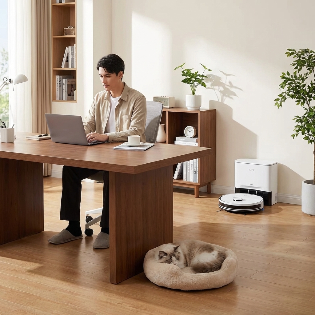 Praca z domu z robotem sprzątającym