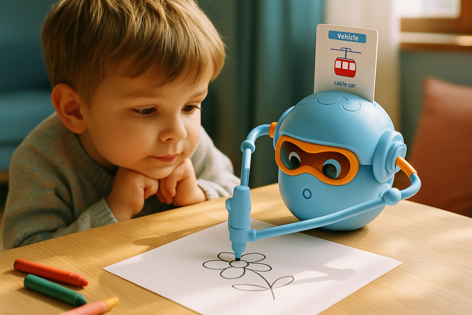 Dziecko z robotem Rysek uczącym rysowania