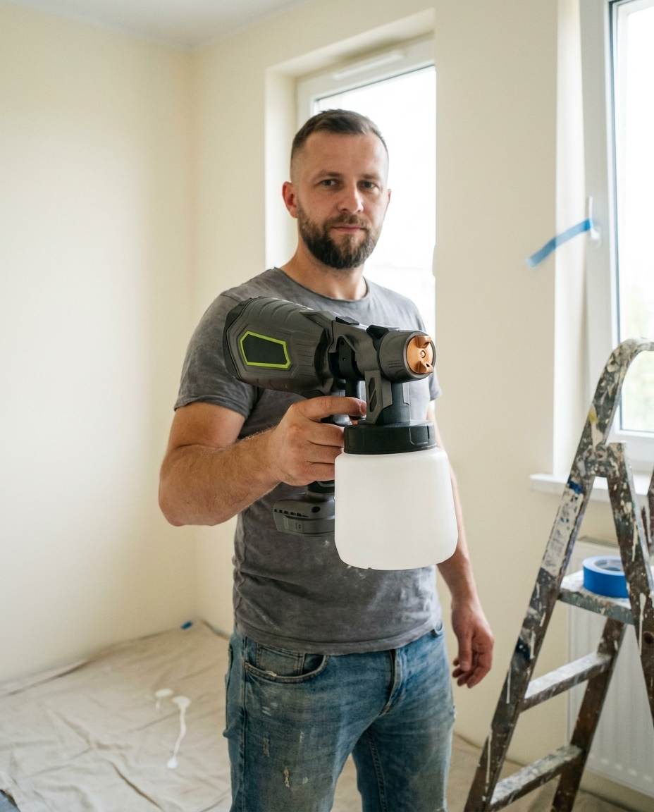 SPRAYCRAFT — pistolet HVLP w dłoniach majsterkowicza w świeżo wyremontowanym mieszkaniu