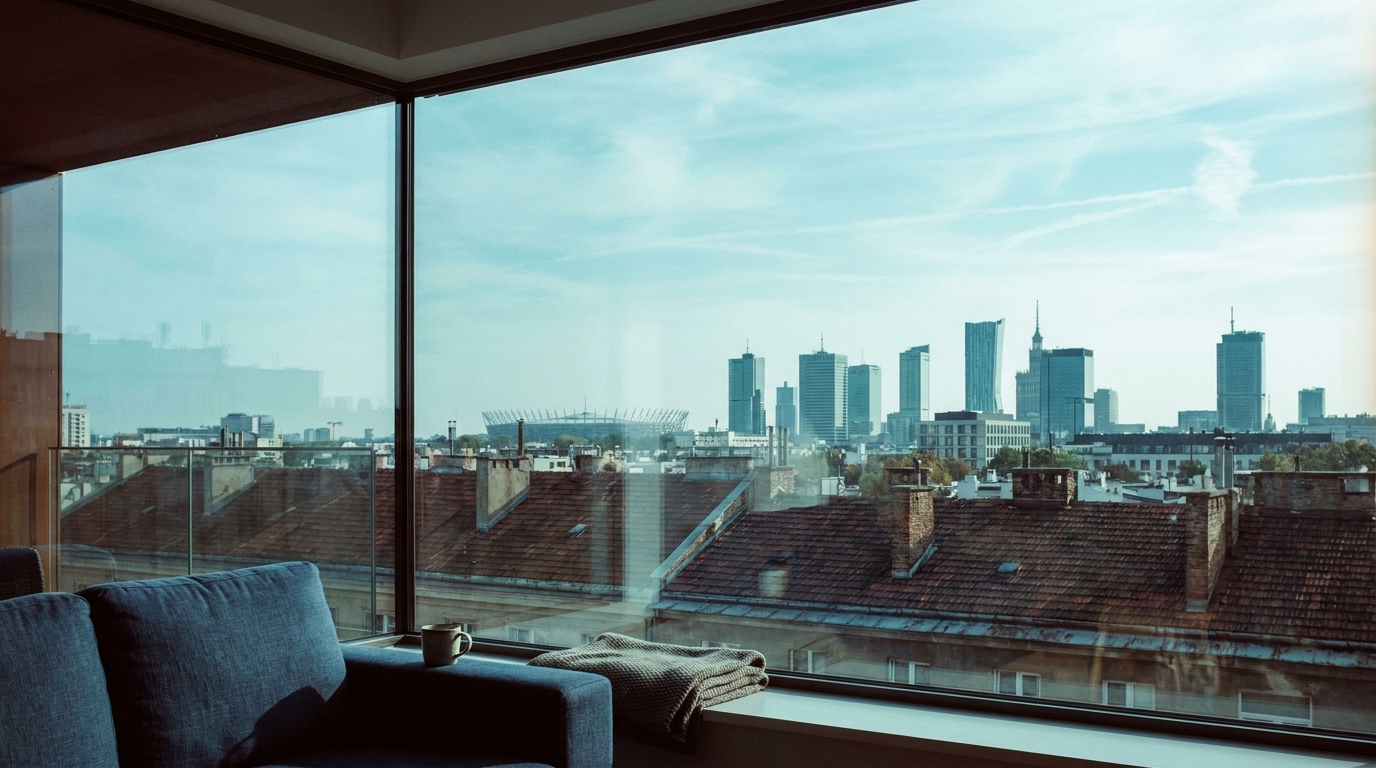 Panorama Warszawy widziana przez nieskazitelnie czystą szybę apartamentu