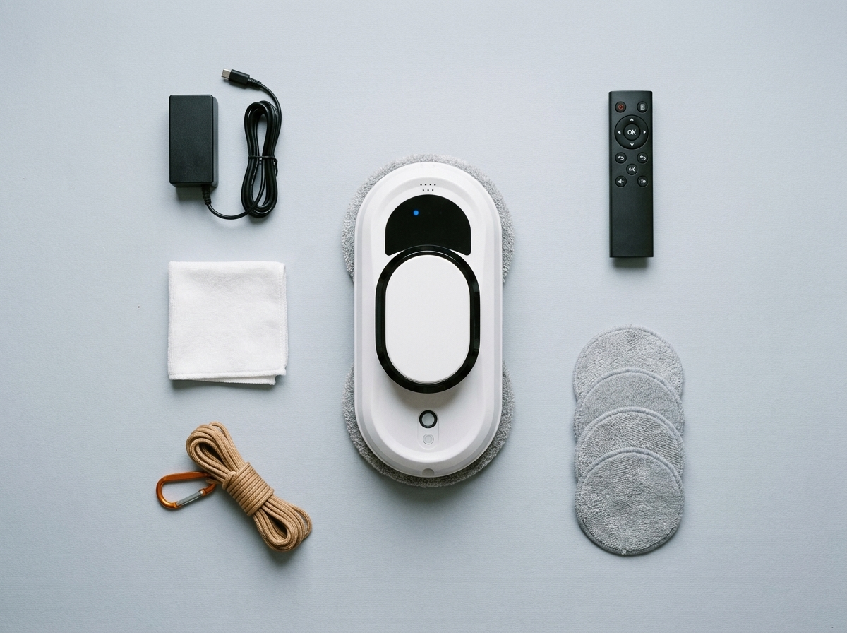 Pełen zestaw Windox w flat lay — robot, pilot, zasilacz, linka z karabińczykiem, 4 tarcze mikrofibry, ścierka