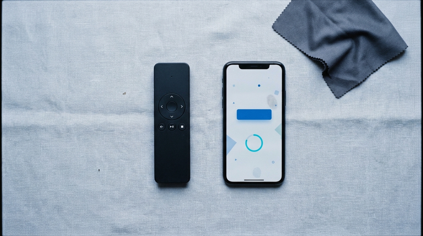Flat lay pilota i telefonu z aplikacją WindoxHome na szarym lnianym tle