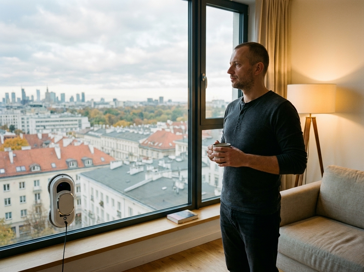 Mężczyzna z kubkiem kawy patrzy przez czystą panoramiczną szybę na ostry horyzont Warszawy