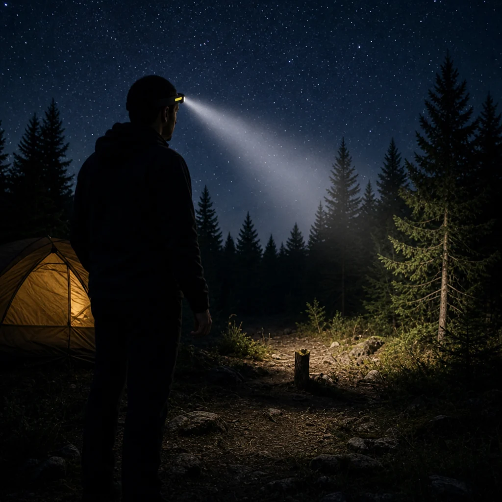 Sylwetka przy namiocie z czołówką Blasik świecącą w las nocą