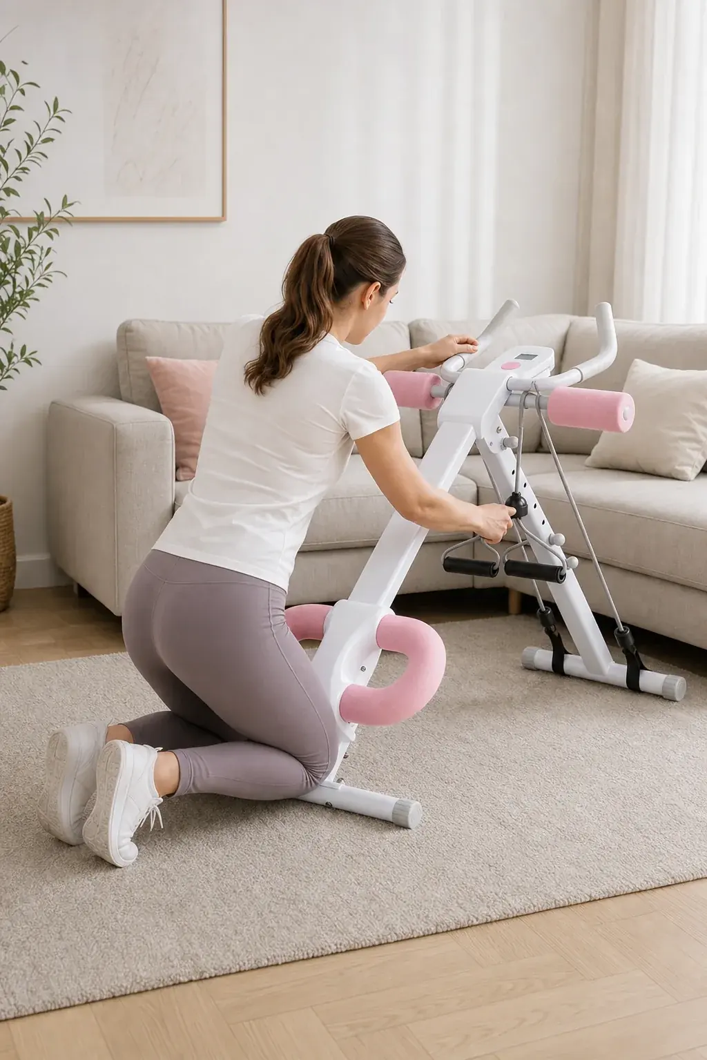Kobieta klęka przy rozłożonej biało-różowej maszynie i sięga do mechanizmu