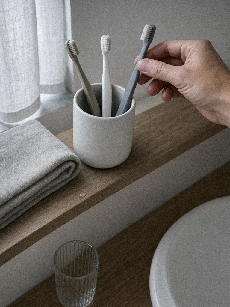 Poranek przy blacie: trzy klasyczne szczoteczki w ceramicznym kubku, dłoń sięga po jedną z nich, obok złożony lniany ręcznik.