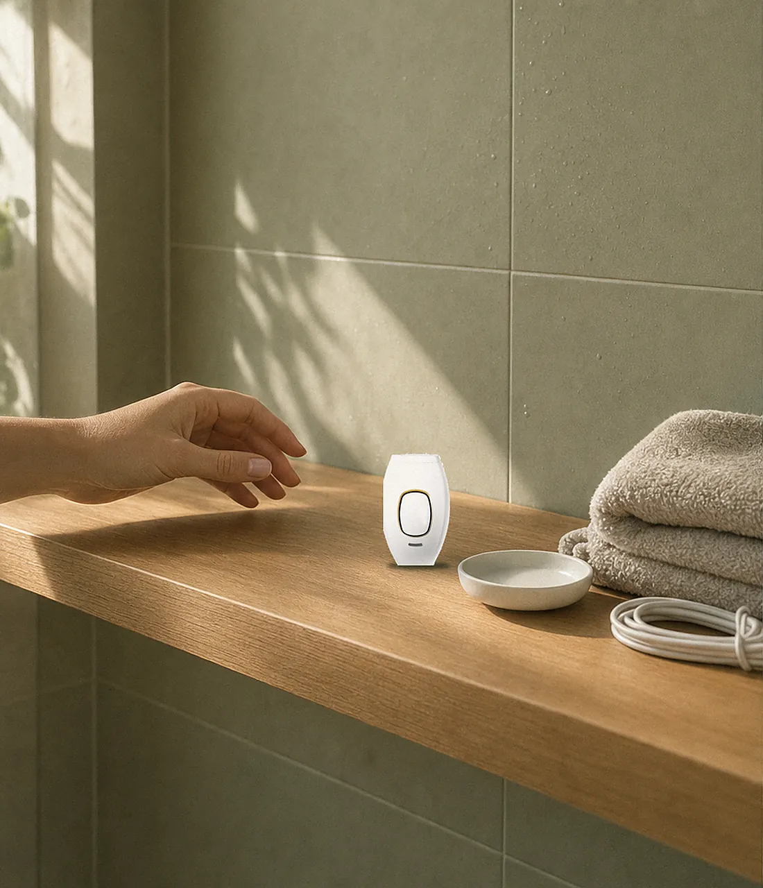 Poranek w łazience: biały depilator IPL stoi na drewnianej półce obok ceramicznej miseczki, złożonych ręczników i zwiniętego przewodu; dłoń sięga po urządzenie