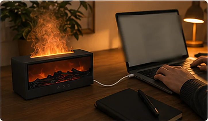 Biurko wieczorem: czarny kominek-nawilżacz ze słupem mgły obok laptopa, cienki biały kabel USB wpięty do portu, dłoń przy klawiaturze