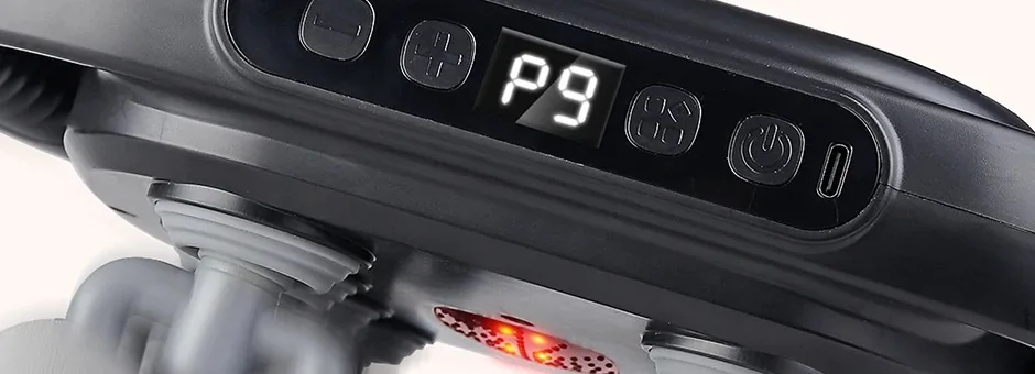 Zbliżenie na pas sterowania: wyświetlacz z kodem trybu „P9”, przyciski mocy i trybu, gniazdo USB-C.