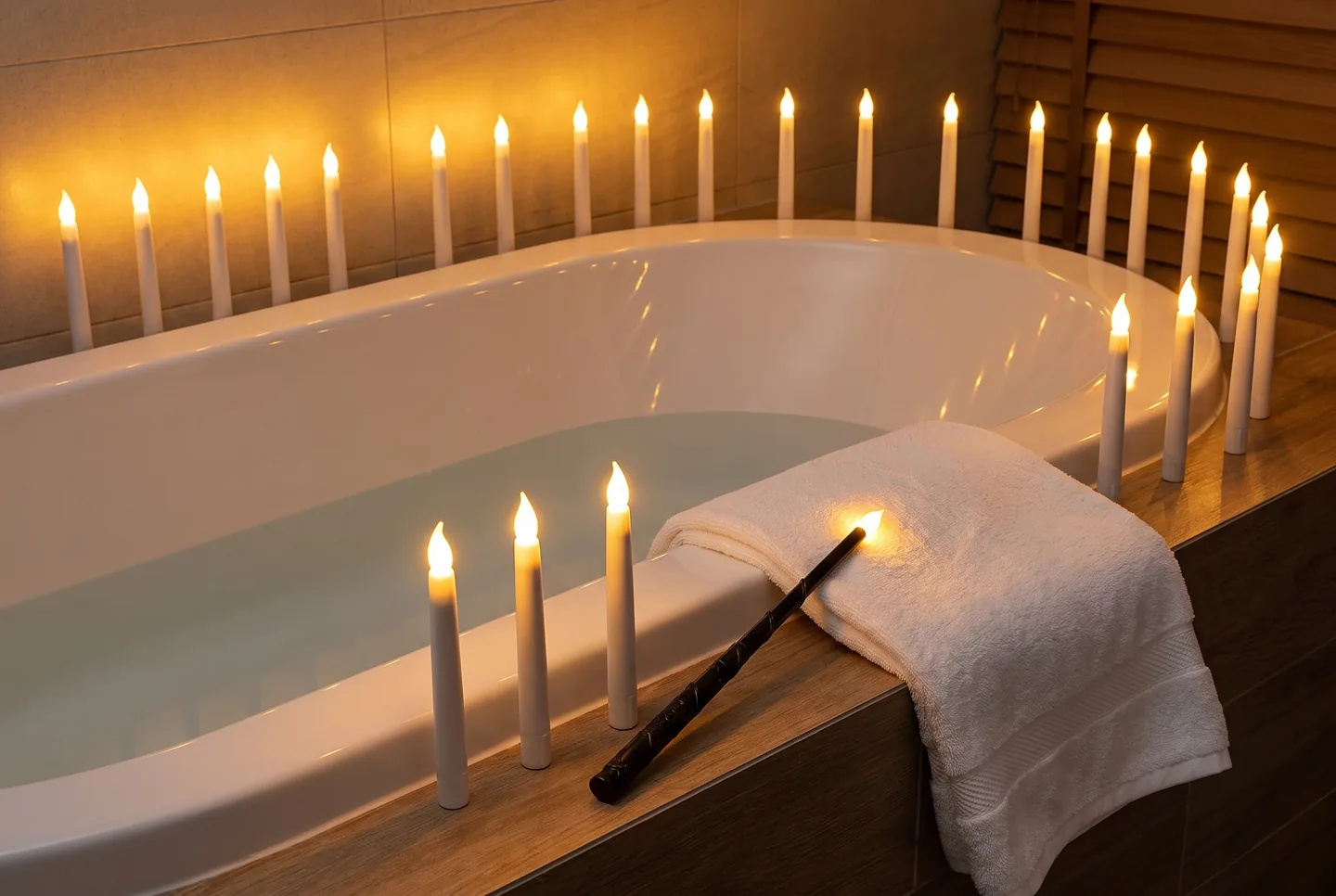 Łazienka-spa: świece LED na brzegu wanny, bez ognia w wilgoci