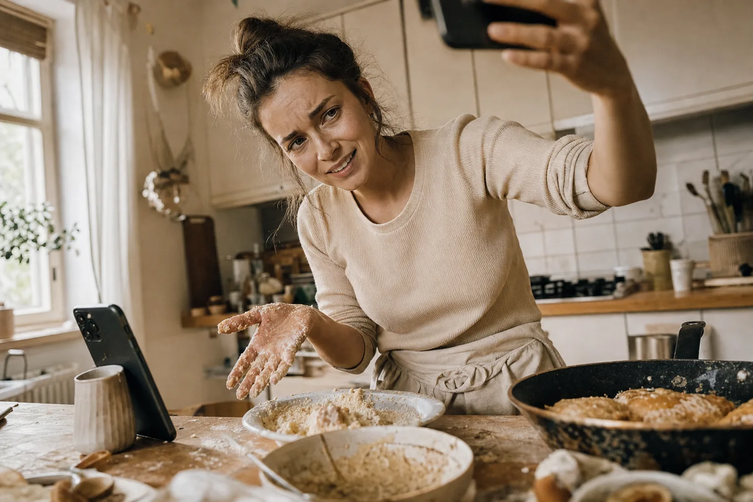 Frustracja: próba nagrywania telefonem jedną ręką, drugi telefon oparty o kubek