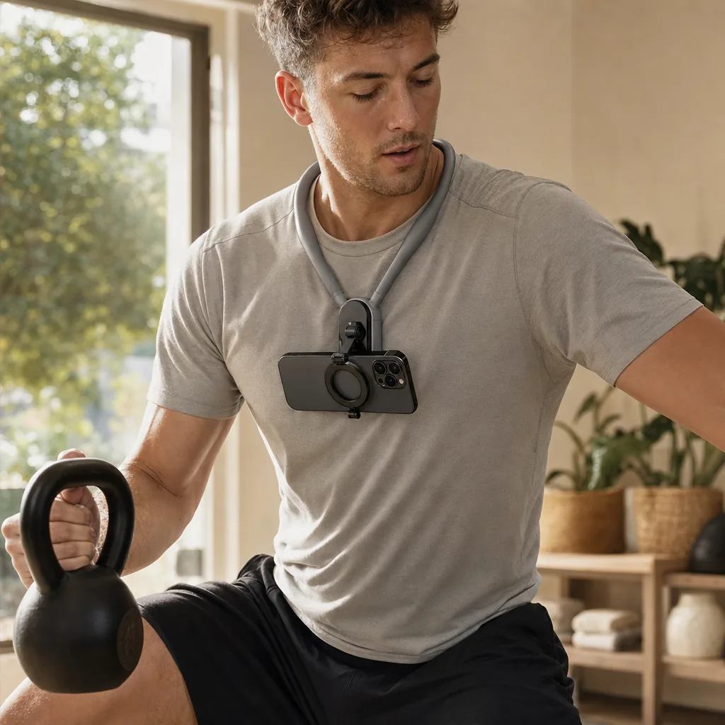 Trening z kettlebell, uchwyt na szyi nagrywa ćwiczenie z perspektywy POV