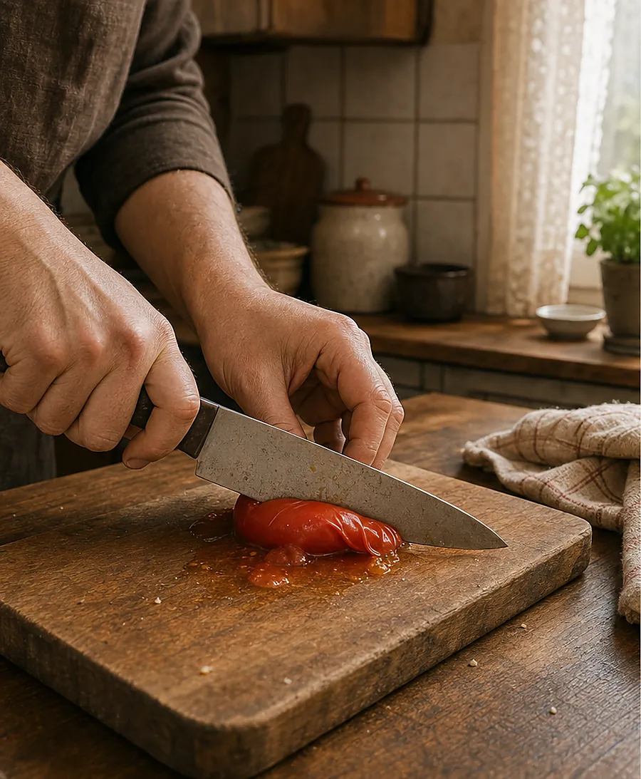 Kuchenny blat po południu: tępy nóż miażdży dojrzałego pomidora na drewnianej desce, skórka fałduje się pod ostrzem, sok wypływa na deskę.