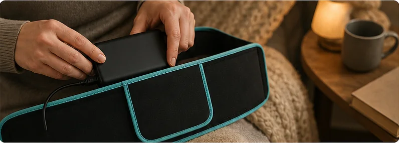 Dłoń wsuwa czarny powerbank do płaskiej kieszeni na zewnętrznej stronie opaski, diody są wygaszone, kieszeń obszyta turkusową lamówką