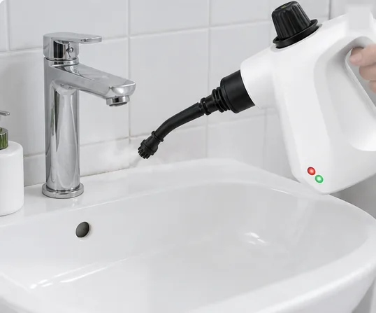 Kątowa dysza myjki kieruje parę na chromowaną baterię nad białą umywalką w łazience
