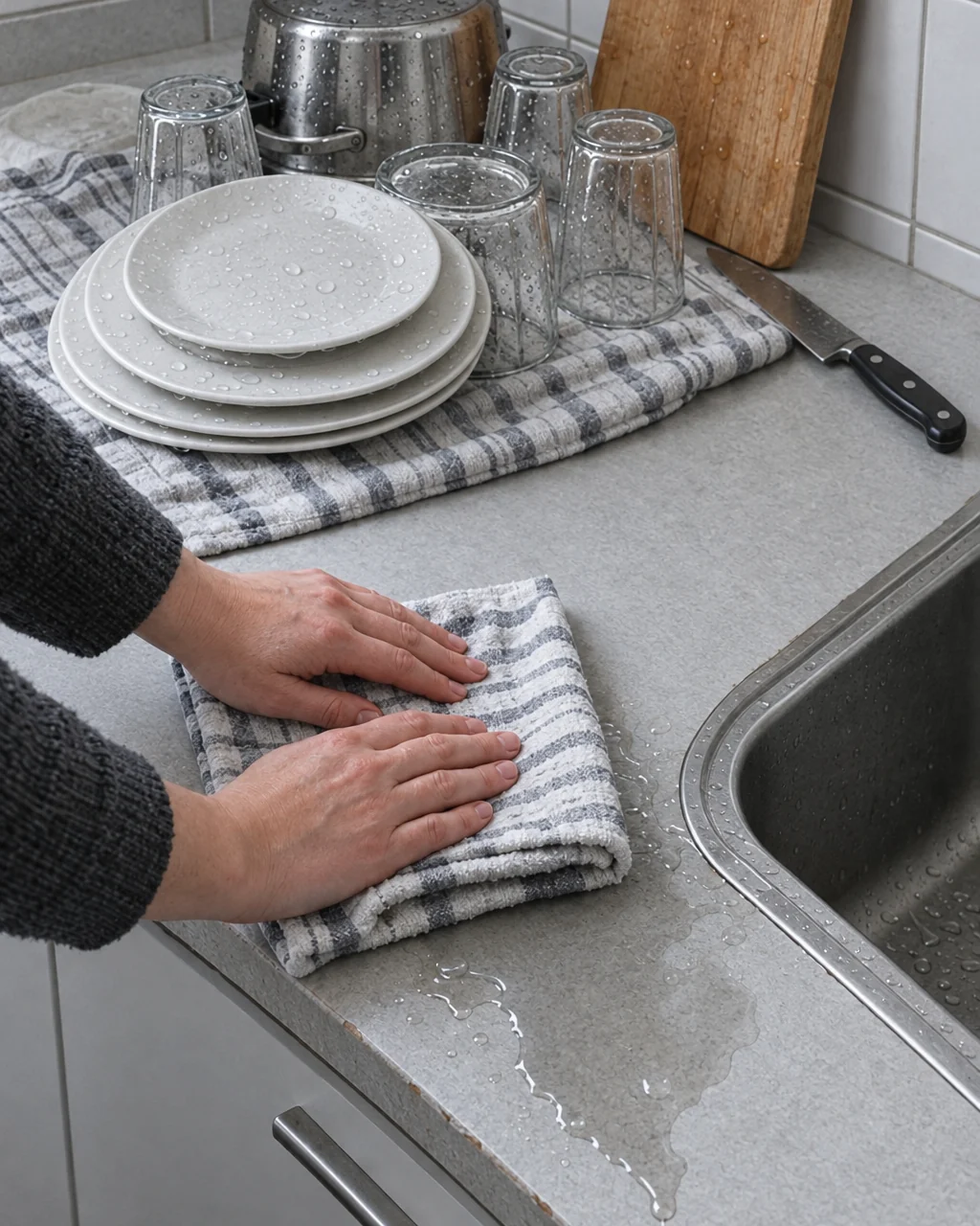 Mokry ręcznik na blacie obok zlewu: kałuża wody, kropla na krawędzi blatu, dwie dłonie wycierają blat