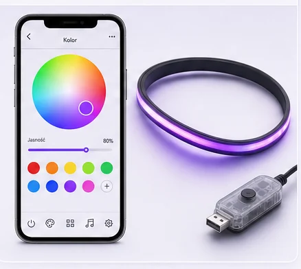 Aplikacja z kołem kolorów i świecąca taśma RGB
