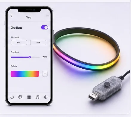 Tryb płynnego gradientu RGB w aplikacji i taśma w tęczy