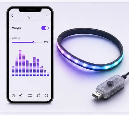 Tryb muzyka: equalizer w aplikacji i pulsująca taśma