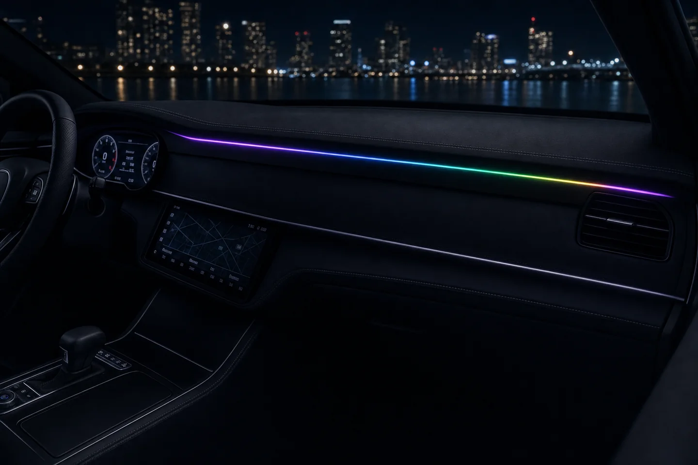 Nocna jazda z nastrojową poświatą RGB wzdłuż deski auta