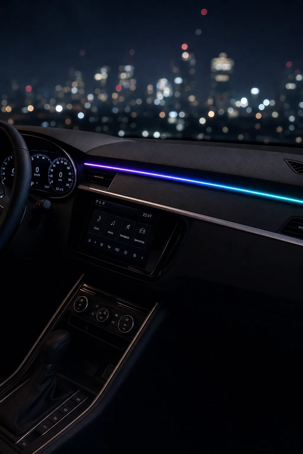 Wnętrze auta nocą z nastrojową poświatą RGB wzdłuż deski rozdzielczej
