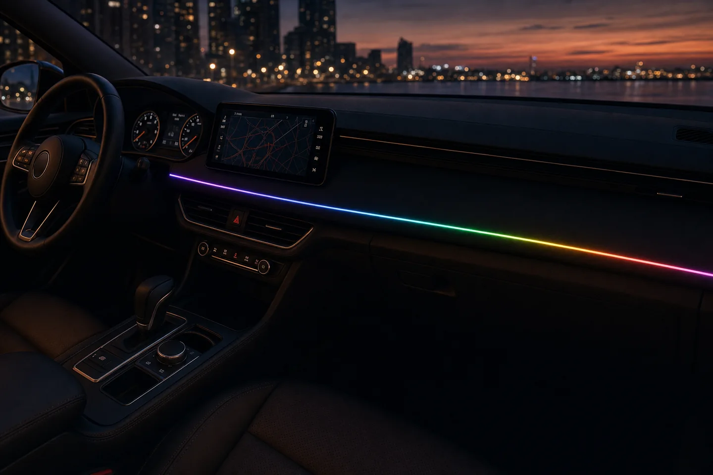 Wieczorne wnętrze auta z poświatą RGB wzdłuż deski