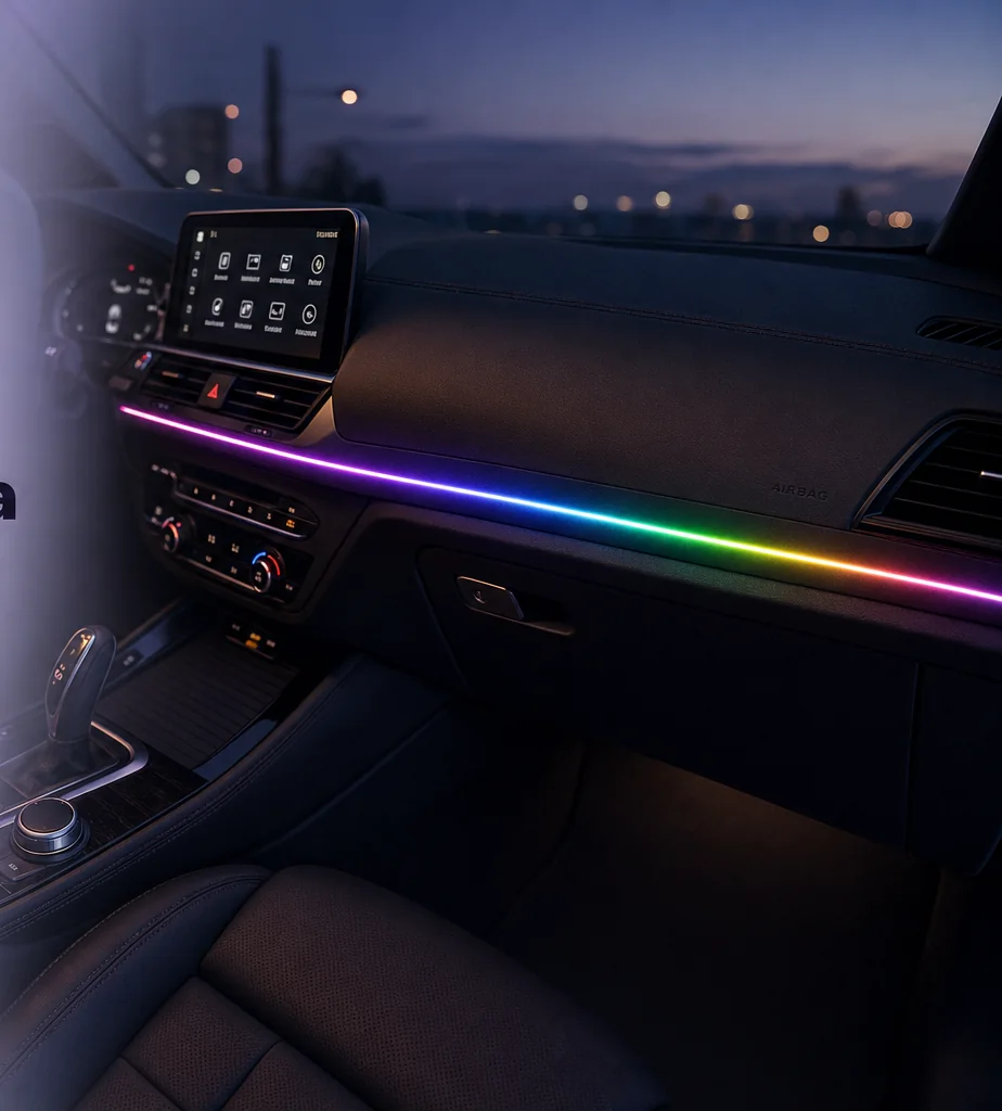Poświata RGB wzdłuż deski rozdzielczej ożywia wnętrze auta