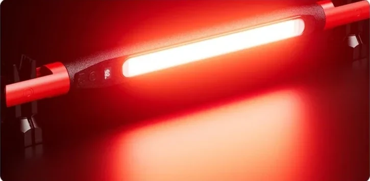Lampa świeci na czerwono, czerwona poświata pada na podłoże