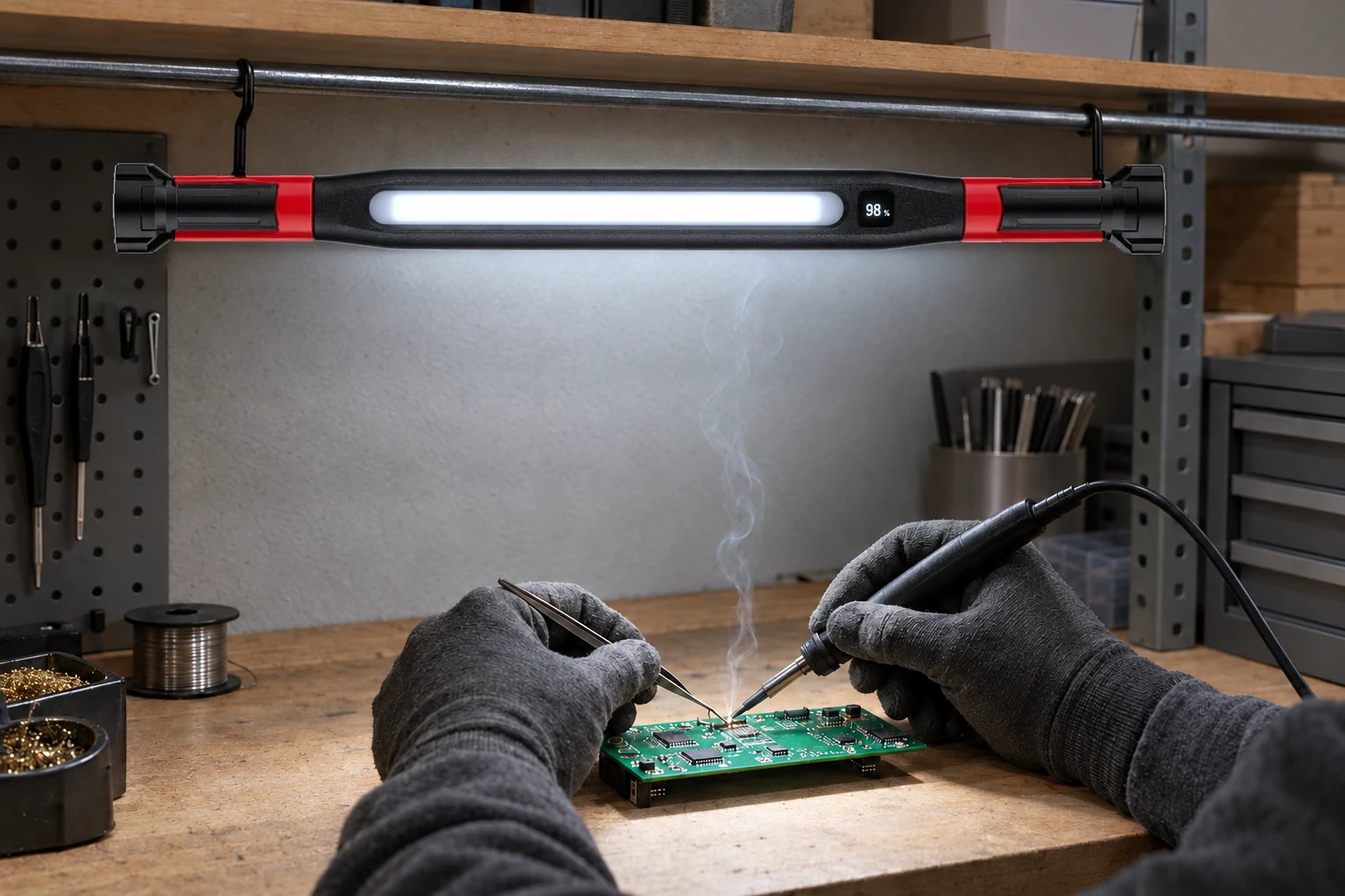 Pracownia elektroniczna: lampa zawieszona na hakach na rurze nad stołem świeci białym pasem, dłonie w rękawicach lutują płytkę, nad lutownicą unosi się smużka dymu