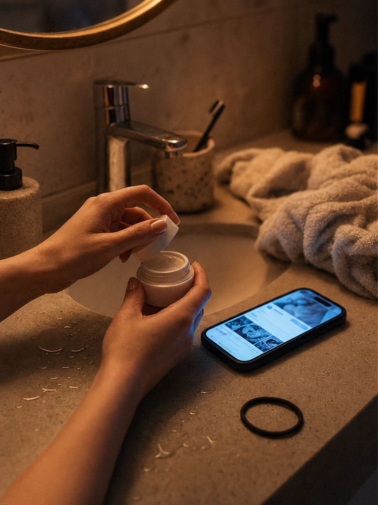 Blat łazienkowy wieczorem, widok z góry: dłonie odkręcają słoiczek kremu, obok świeci ekran telefonu, zmięty ręcznik i gumka do włosów.