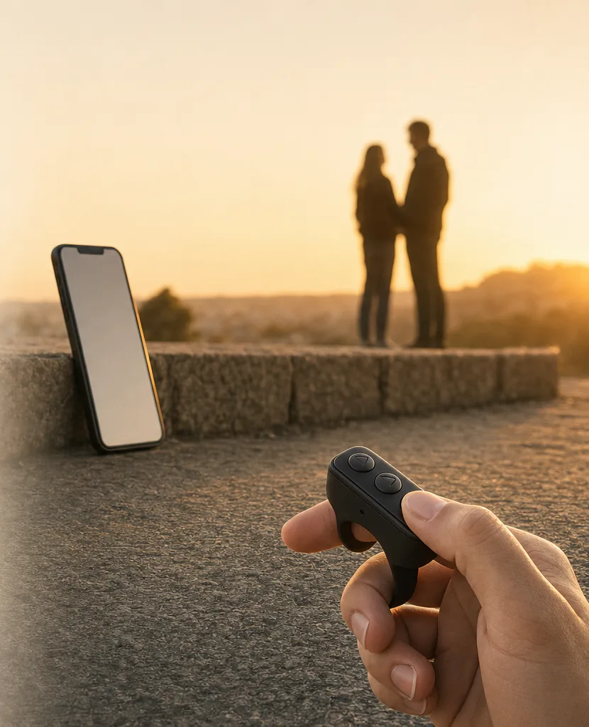 Zachód słońca na punkcie widokowym: telefon oparty o kamienny murek w oddali, na pierwszym planie dłoń z pilotem na palcu wskazującym, w tle dwie sylwetki w kontrze.