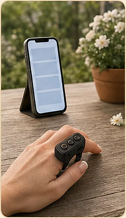 Telefon oparty na drewnianym stole w ogrodzie, w tle kwiaty; dłoń z pilotem na palcu leży na blacie.