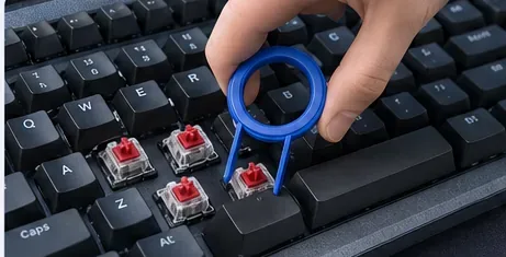 Niebieski pierścień ściągacza zdejmuje keycap z klawiatury mechanicznej z czerwonymi switchami